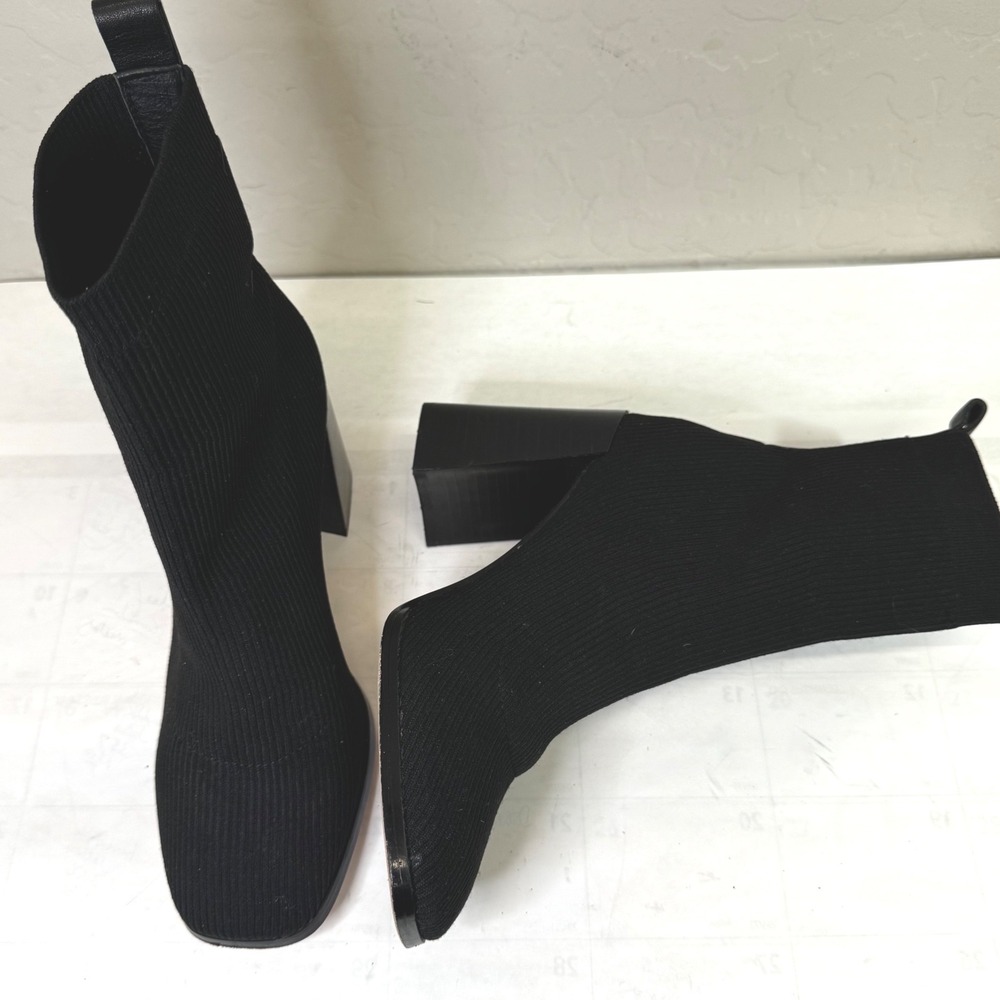 Deltan Women 7M Black Knit Sock Boots Square Toe Block Heel Leather Sole Chic